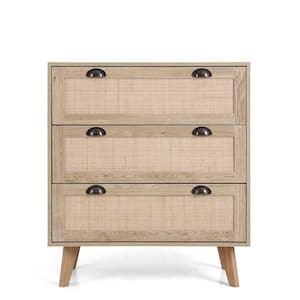 35 in.Oak Yellow Buffet Sideboard With Particle Board and Pinewood Legs, Natural Rattan Decor Drawers