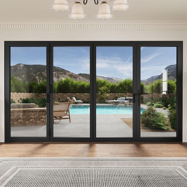 144 in. x 80 in. Right Swing Tempered Glass Black Aluminum Folding Patio Door with Door Stopper (3-Folding Plus 1-Swing)