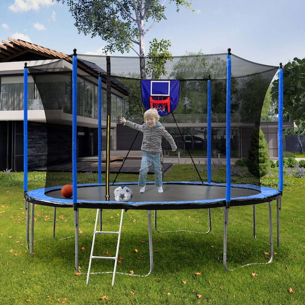 SUNRINX FLIPZA 15 ft. Trampoline with Basketball Hoop and Enclosure Net in Blue