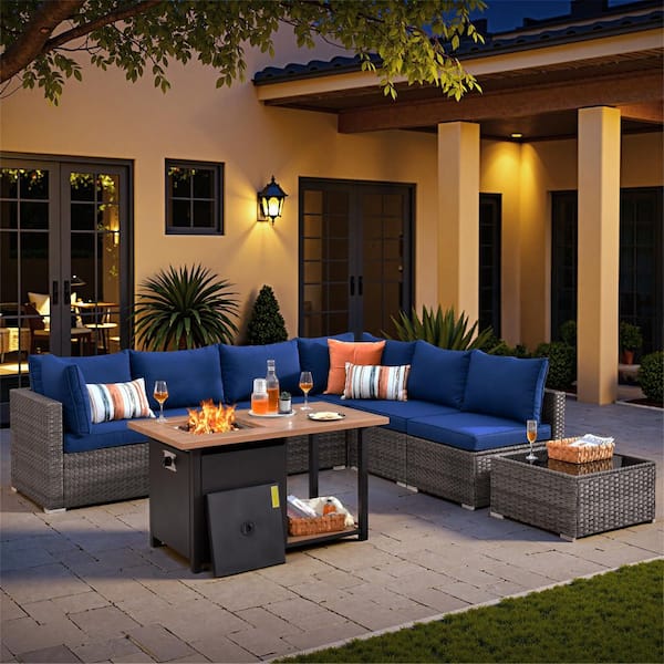 Elora Gray 8‑Piece Wicker Outdoor Sectional Set with Fire Pit Double-Tier, Navy Blue Cushion & Coffee Table