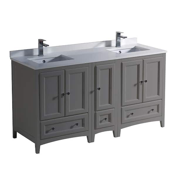 Fresca Oxford 60 in. Traditional Double Bath Vanity in Gray with Quartz Stone Vanity Top in White with White Basins