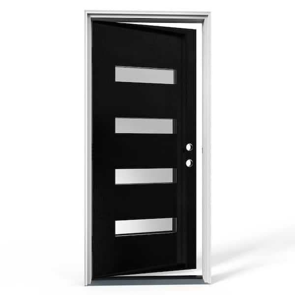 36 in. x 80 in. 4 Lite Black Finish Left-Hand Inswing Frosted Glass Fiberglass Prehung Front Door with Hinge, Threshold