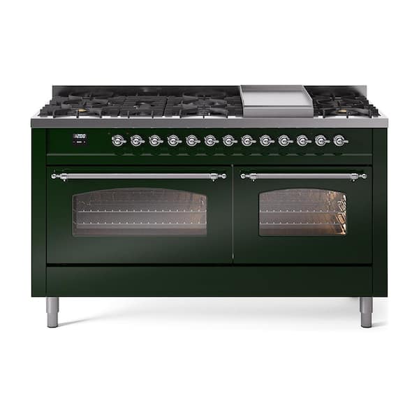 ILVE Nostalgie II 60 in. 9 Burner+Griddle Freestanding Double Oven Dual Fuel Range in Emerald Green with Chrome