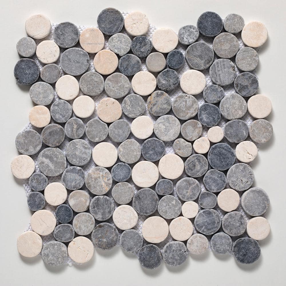 Stone Penny Rounds Grey and White 11-1/2 in. x 11-1/2 in. Honed Marble Mesh-Mounted Mosaic Tile (10.12 sq. ft./Case) -  TILE CONNECTION, xd3rlgw