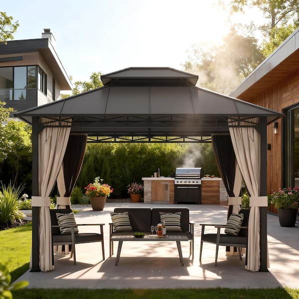 10 ft. x 12 ft. Outdoor Hardtop Gazebo with Double-Tier Roof, Steel Frame, Curtains and UV Protection