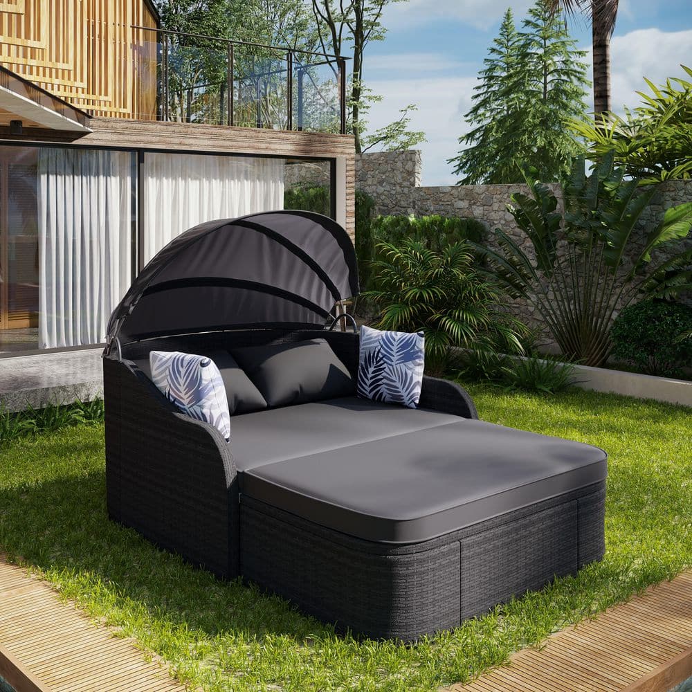 80 in. Gray Wicker Outdoor Day Bed with Adjustable Canopy and Gray Cushions