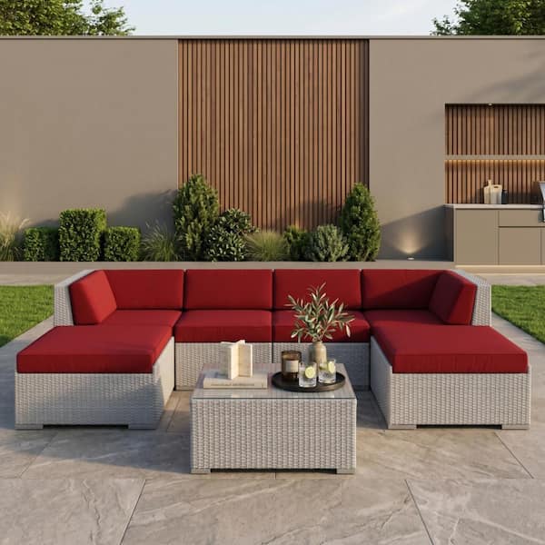 Gray 7-Piece Wicker Patio Seating Set with Sunbrella Jockey Red Cushions