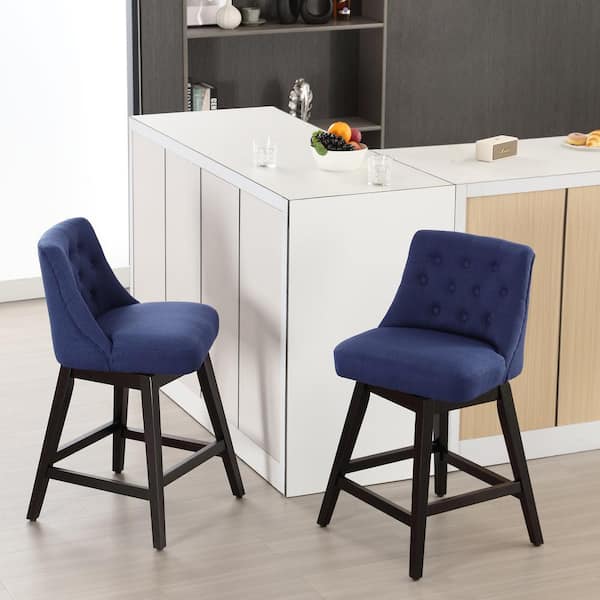 Hochwertiges 29 in. Blue Fabric Upholstered Bar Height Swivel Bar Stool with Solid Wood Frame (Set of 2)