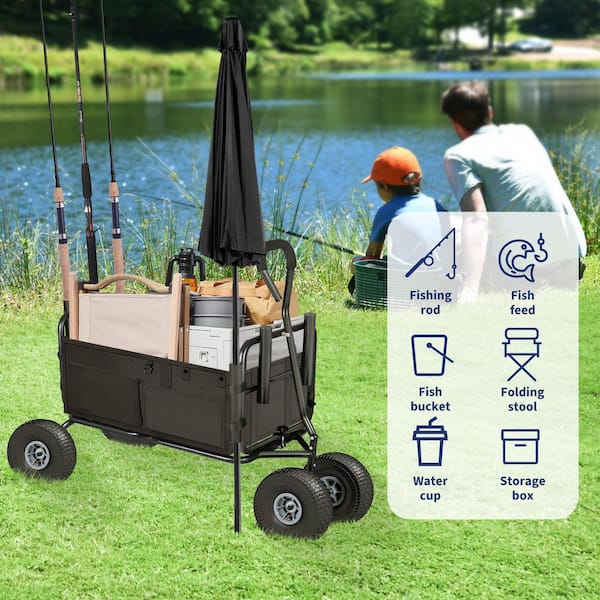 collapsable fishing cart VIWAT 3.5 cu. ft. Fabric Beach Fishing Garden Cart 550 lbs. Collapsible  Folding Wagon Heavy-Duty Steel with 4 Tires TP1333BK