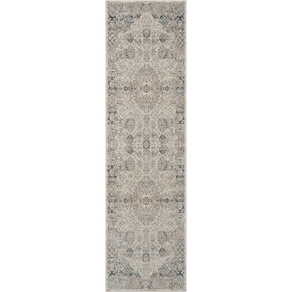 Kathy Ireland Home Malta Ivory/Blue 2 ft. x 8 ft. Traditional Runner Area Rug
