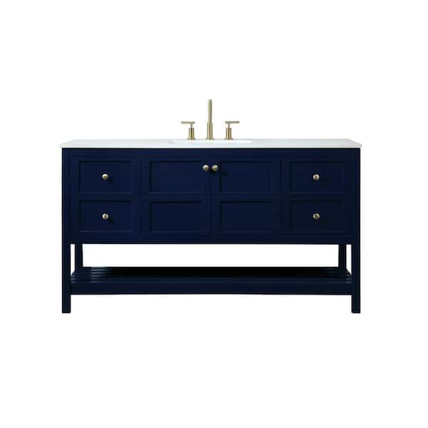 Unbranded Timeless Home 60 in. W Single Bath Vanity in Blue with Engineered Stone Vanity Top in Calacatta with White Basin