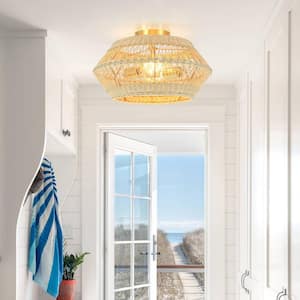 Rhea 16 in. 2 - Light Geometric Brass Semi-Flush Mount Ceiling Light with Handwoven Natural Rattan Shade- Durable Chic