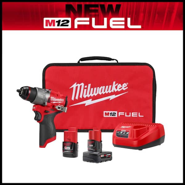  Milwaukee 3404-22 Kit de taladro martillo de 1/2 pulgada de  combustible de 12 V con baterías de iones de litio de 4.0 Ah, 2.0 Ah,  cargador y bolsa de herramientas 