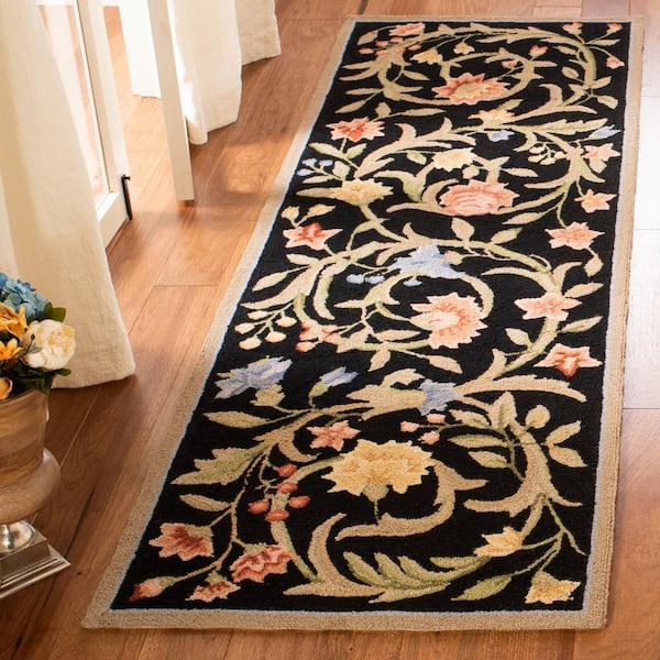 Chelsea Black 3 ft. x 8 ft. Solid Floral Border Runner Rug