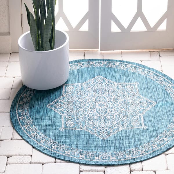 Teal Antique Outdoor 4 ft. Round Area Rug