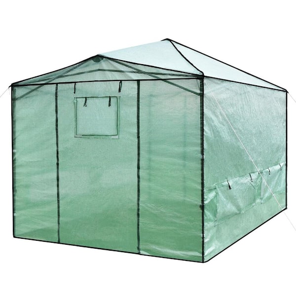 HONEY JOY 9 ft. x 12 ft. x 8 ft. PE Green Walk-in Greenhouse Portable Pop-up Garden with Windows and Door