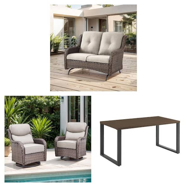 Wicker Patio Glider Couch, Crescent Moon Rocking Chairs (Set 2-Pack) and 52 in. Dining Table Combo