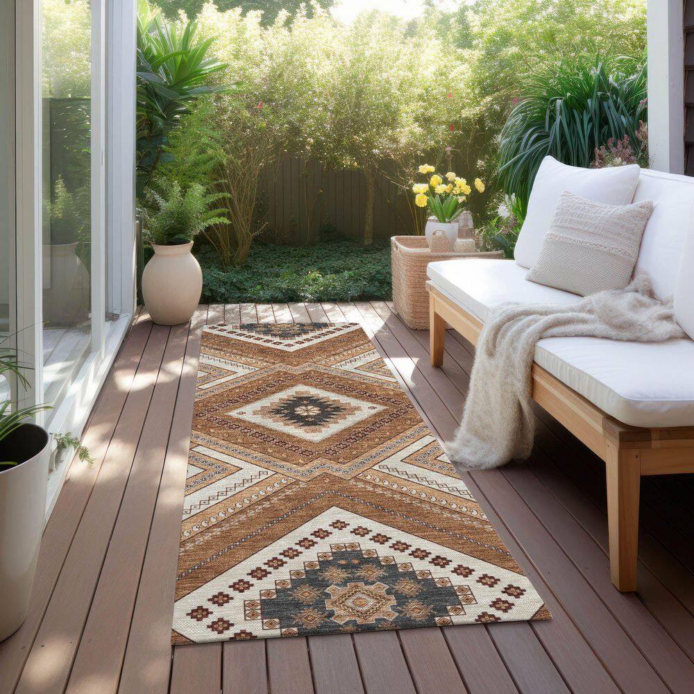 Copper and Beige Synthetic Tribal Runner Rug, 2'3" x 7'6"