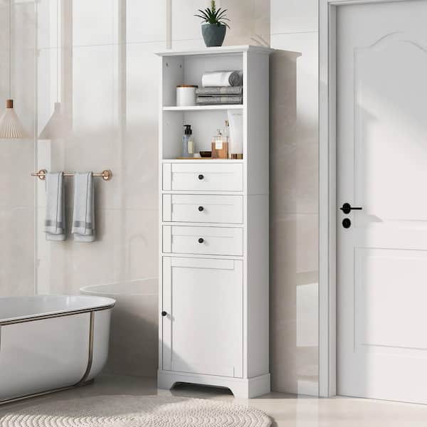White 67.3 in. H Accent Cabinet, Bathroom Storage Cabinet with 3-Drawers and Adjustable Shelves