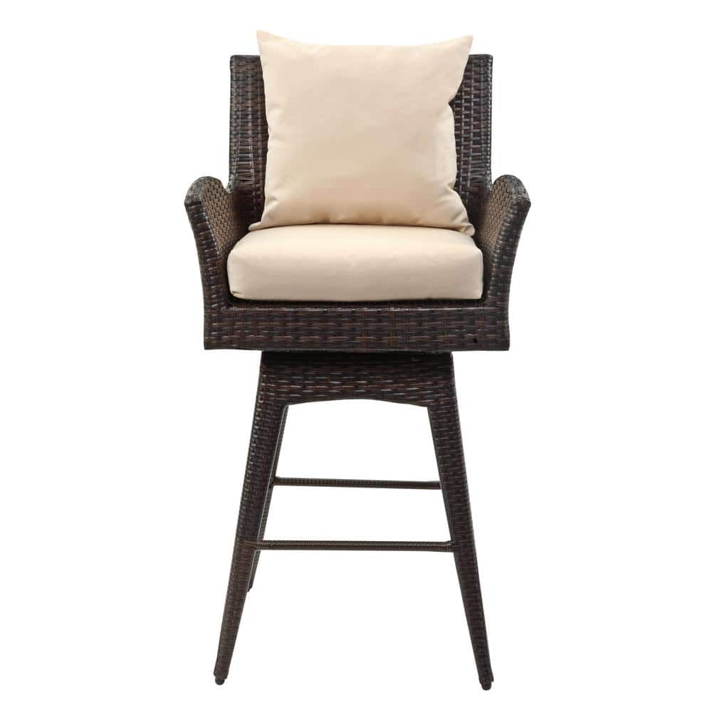 Hayes Brown Swivel Wicker Barstool with Beige Cushions