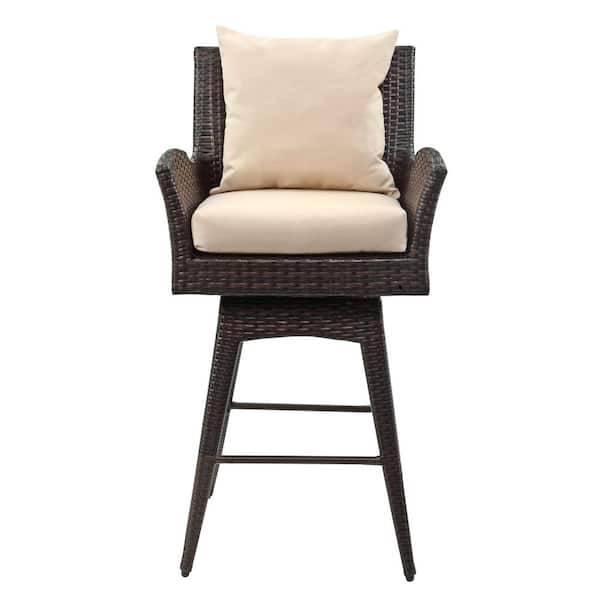 SAFAVIEH Hayes Brown Swivel Wicker Outdoor Bar Stool with Beige Cushion