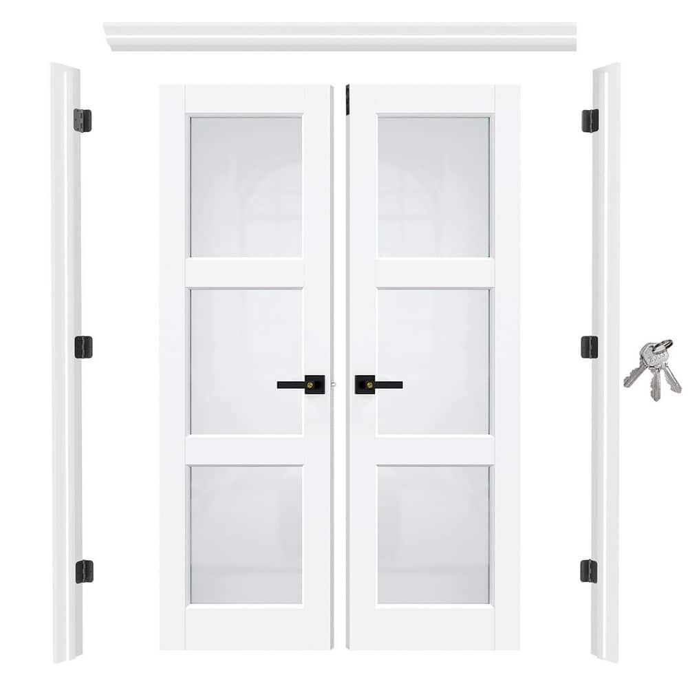 64 in. x 80 in. 3 Lite Frosted Glass Primed Wood Door Assembly Required Door Kit with Quick Assemble Jamb, Lever & Latch price history on PriceWatchPro