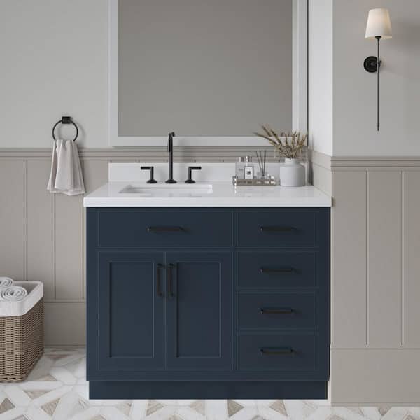 ARIEL Hepburn 43 in. W x 22 in. D x 36 in. H Bath Vanity in Midnight Blue with Pure Quartz Vanity Top with White Basin