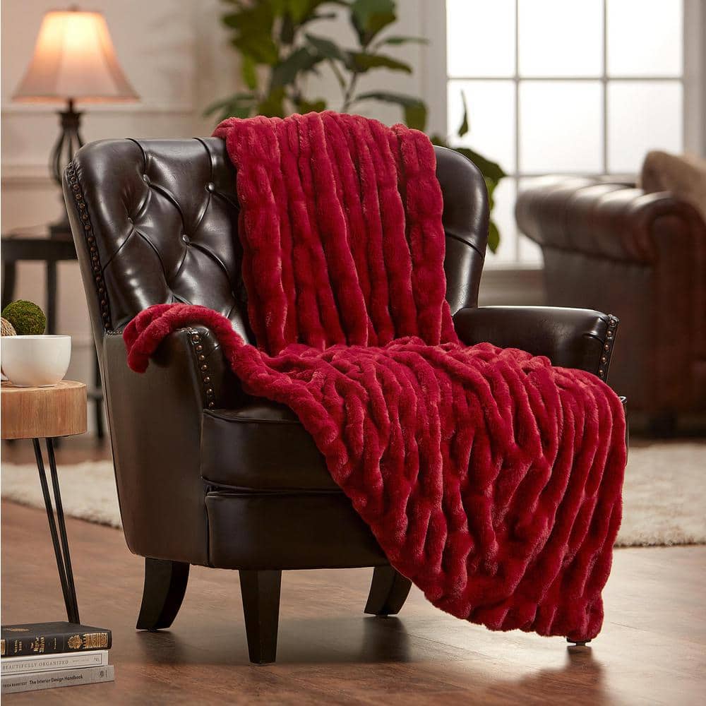 CHANASYA Ruched Red Maroon Faux Fur Reversible Minky Throw Blanket