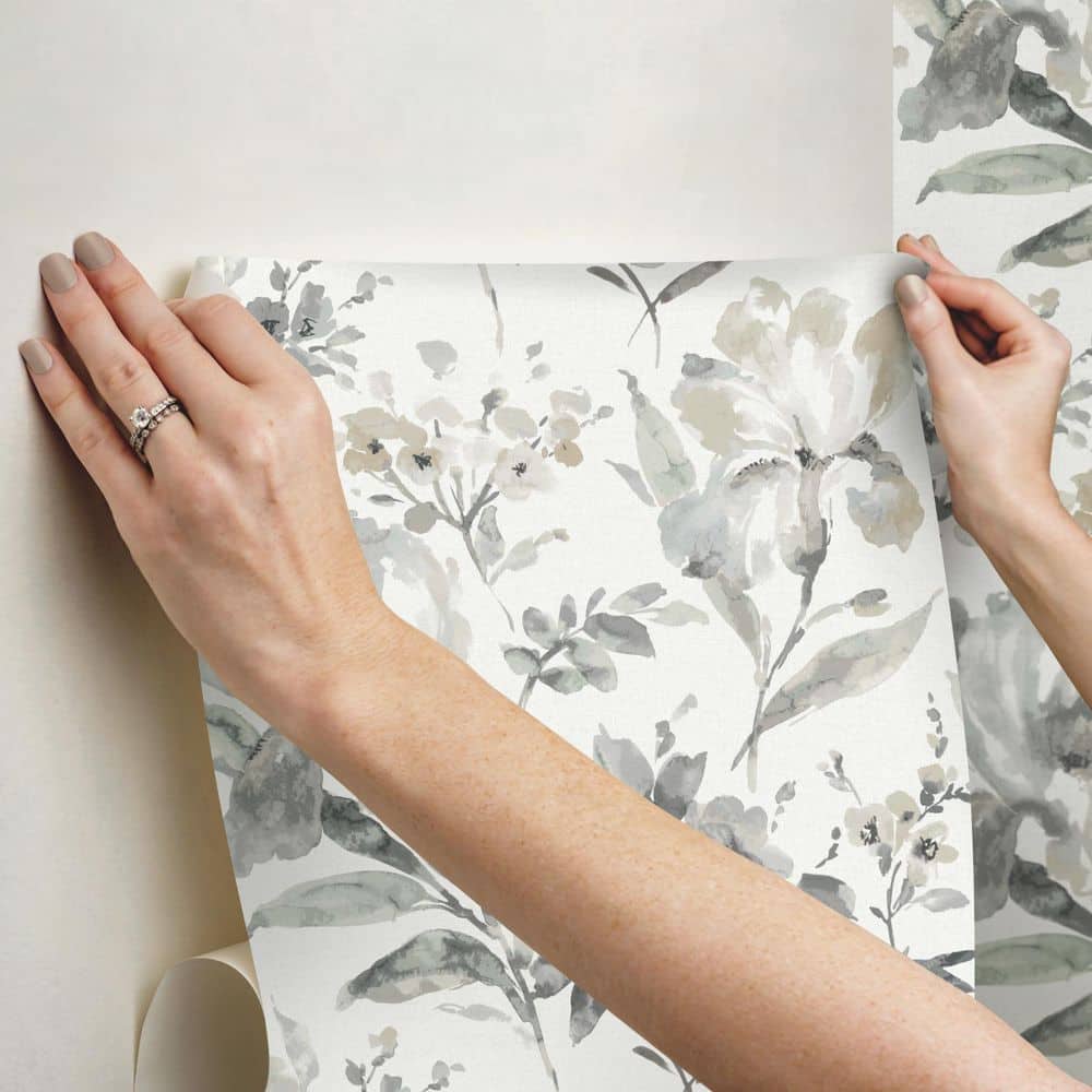 Grey Floral Vinyl Peel and Stick Wallpaper Roll