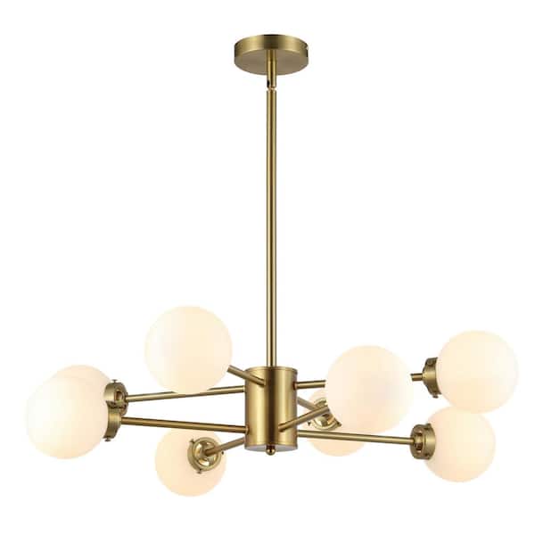 WINGBO 8-Light Gold Modern Chandelier Sputnik Pedant Light Fixture with Large Opal White Glass Globe Shade