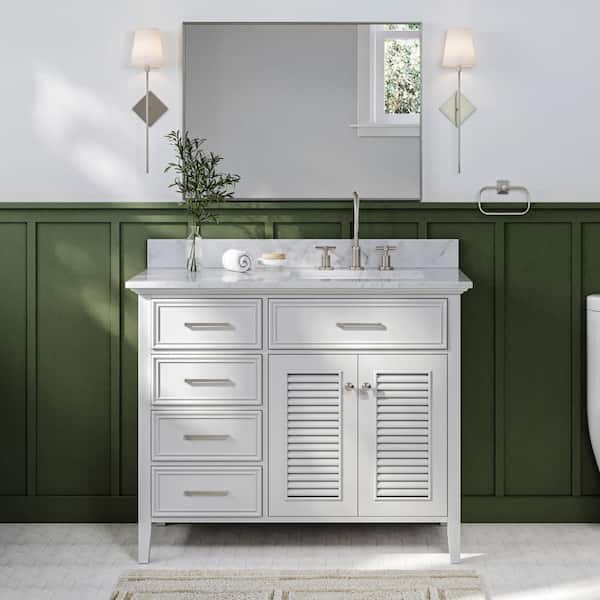 ARIEL Kensington 43 in. W x 22 in. D x 35.25 in. H Freestanding Bath Vanity in White with Carrara White Marble Top