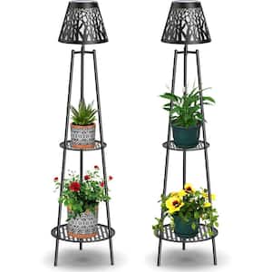 45.4 in. Metal Solar Floor Lamps Outdoor with 2 Plant Stand for Patio Deck Yard Garden Porch (2-Pack)