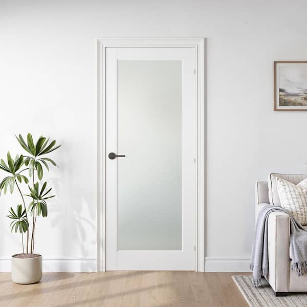 18 in. x 80 in. Full Lite Solid Core Frosted Glass White Primed Composite MDF Wood Interior Door Slab