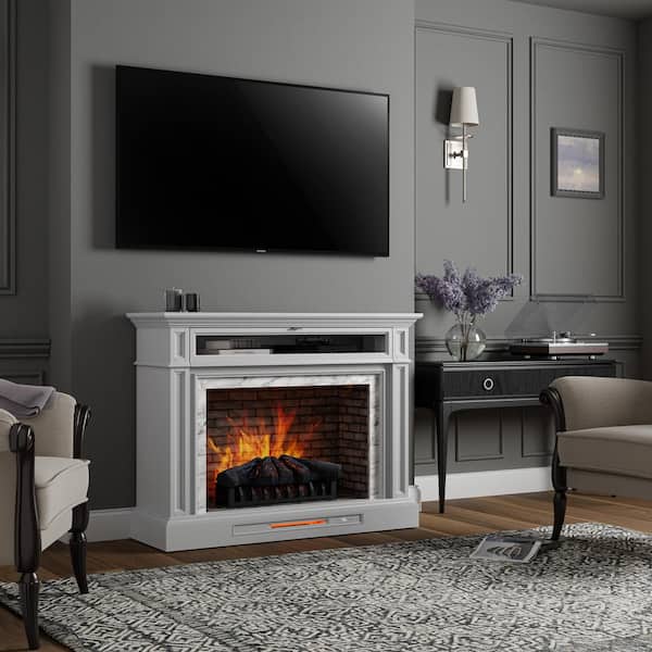 Home Decorators Collection Keighley 52 in. Freestanding Faux Marble Surround Electric Fireplace TV Stand in Light Gray