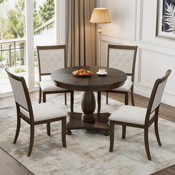 Nestfair Espresso 5-Piece Round Dining Table with 4-Upholstered Chairs