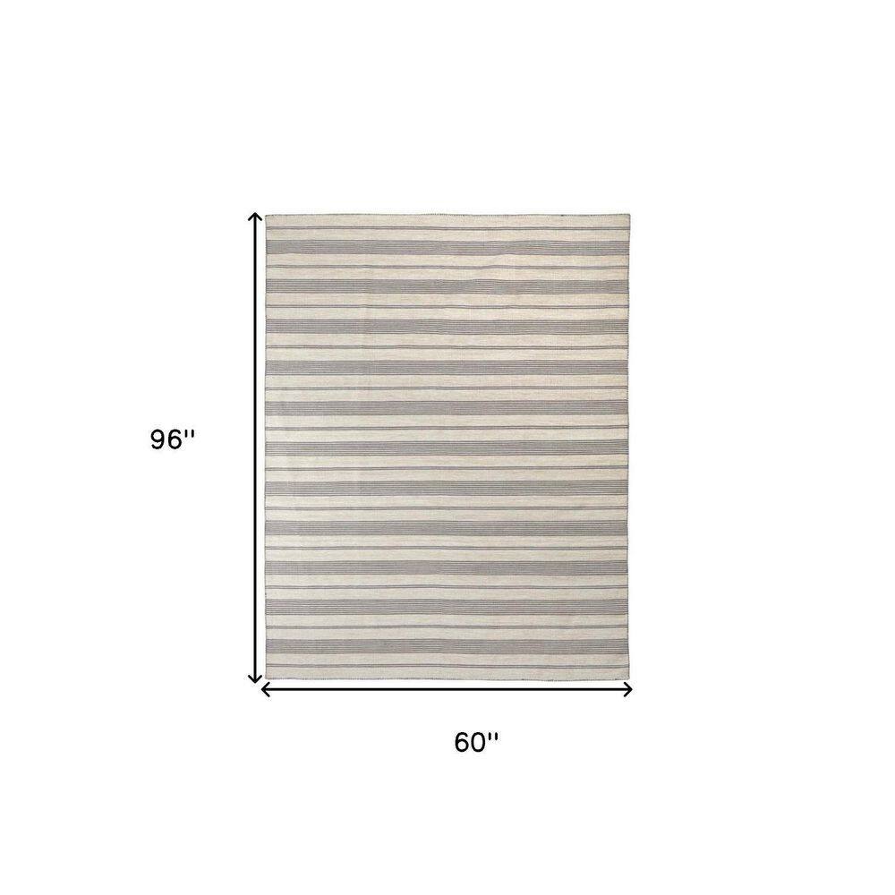 Handmade Ivory and Gray Striped Synthetic Area Rug, 5' x 8'