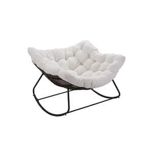 42.52 in. Grey Metal Outdoor Rocking Chair with White Cushions