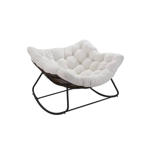 Runesay 42.52 in. Grey Metal Outdoor Rocking Chair with White Cushions