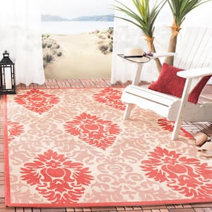 Courtyard Natural/Red Doormat 3 ft. x 5 ft. Floral Indoor/Outdoor Patio Area Rug