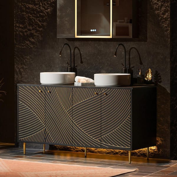 60 in. W x 22 in. D Double Ceramic Vessel Sink Freestanding Bath Vanity in Black with Black Engineered stone Vanity Top