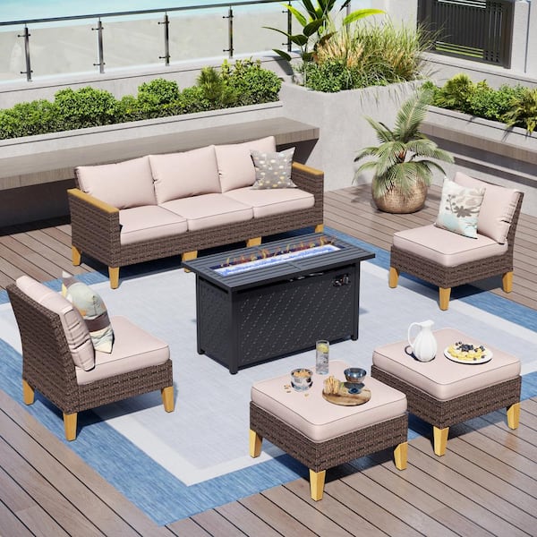 PHI VILLA Brown Wicker Rattan 7 Seat 8-Piece Steel Outdoor Patio Conversation Set with Beige Cushions, Rectangular Fire Pit Table