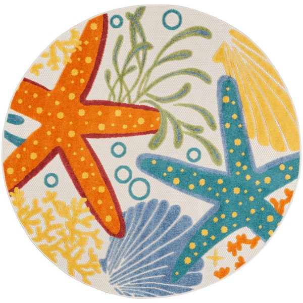 Aloha Multicolor 4 ft. x 4 ft. Round Nautical Contemporary Indoor/Outdoor Patio Area Rug