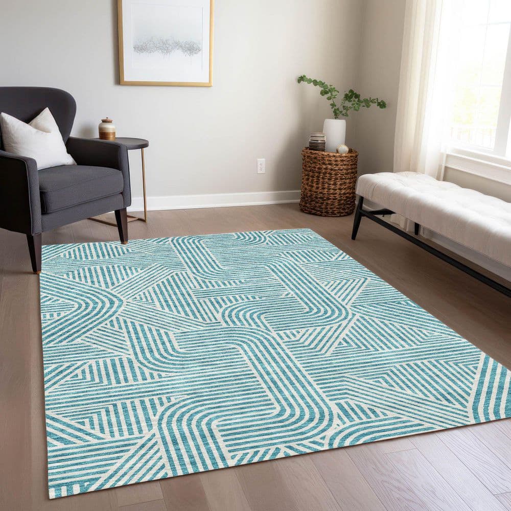 Teal Blue Flat Woven Synthetic Indoor/Outdoor Rug 5' x 7'