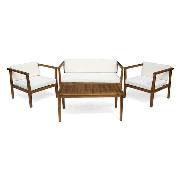 4-Piece Wood Patio Conversation Set with Beige Cushions