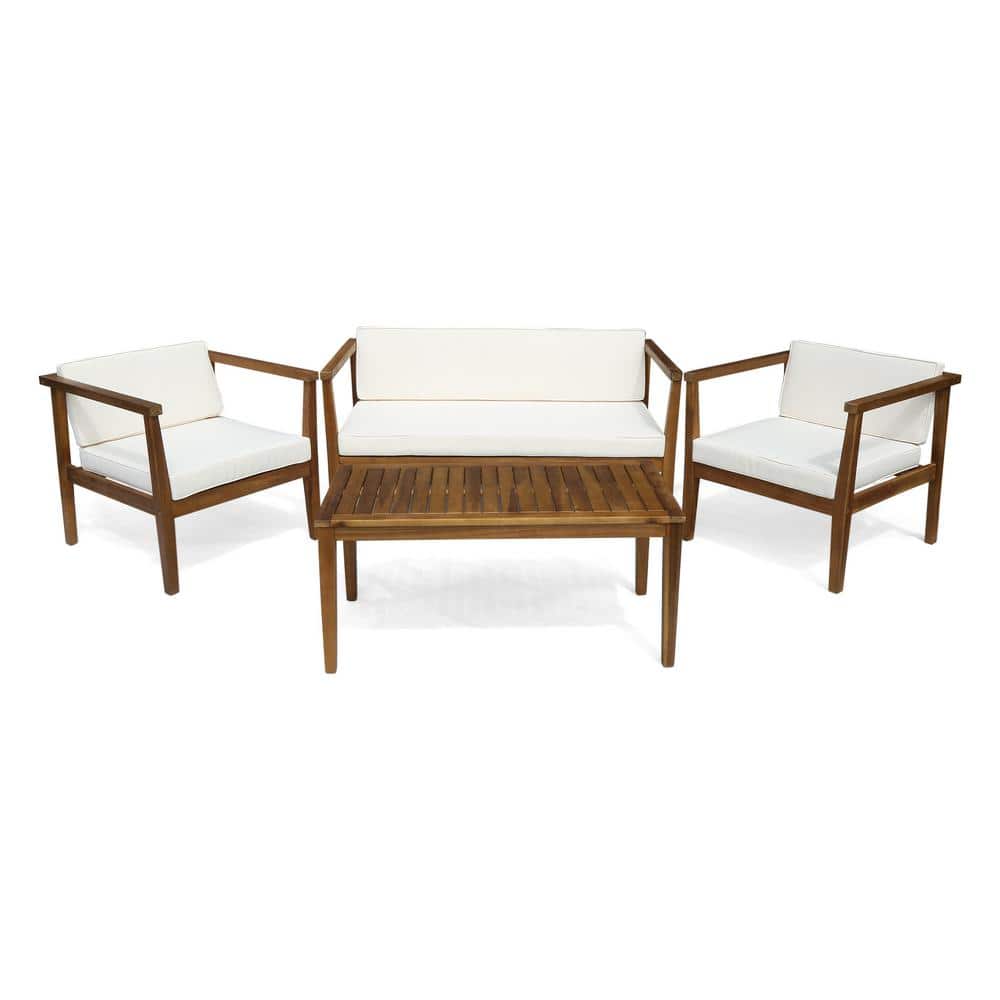 4-Piece Wood Patio Conversation Set with Beige Cushions