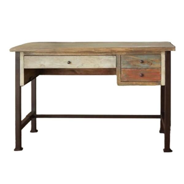 Benjara Fena 47.75 in. Rectangular Multicolor Wood 3-Drawer Writing Desk with Iron Base