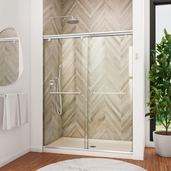 DreamLine Charisma 32 in. x 60 in. x 78.75 in. Semi-Frameless Sliding Shower Door in Chrome with Shower Base Center Drain