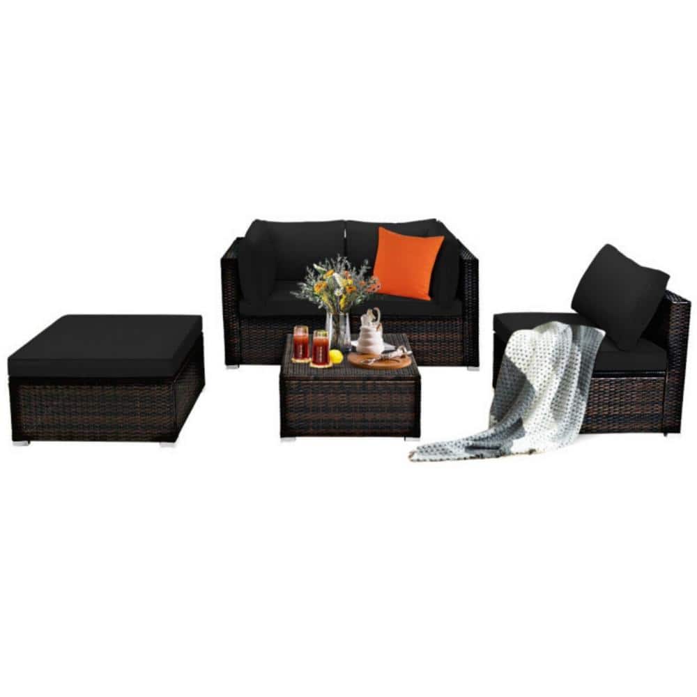 5-Piece Wicker Patio Conversation Set Sectional Rattan Furniture Set with Black Cushions and Ottoman Table price history on PriceWatchPro