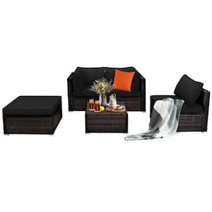5-Piece Wicker Patio Conversation Set Sectional Rattan Furniture Set with Black Cushions and Ottoman Table
