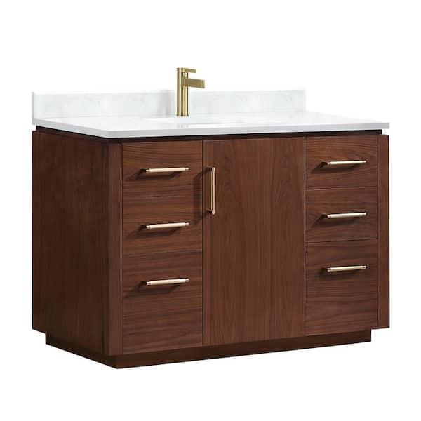 San 48 in.W x 22 in.D x 33.8 in.H Single Sink Bath Vanity in Natural Walnut with White Composite Stone Top